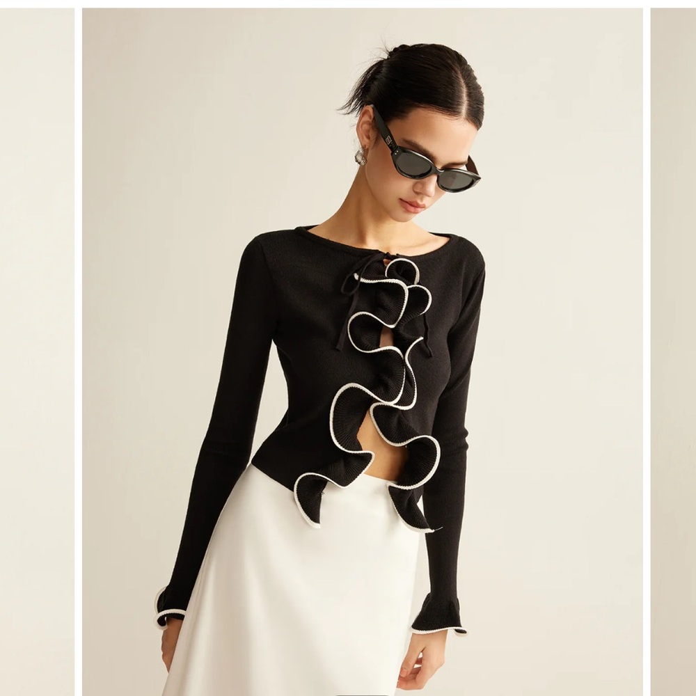 Commense Contrast Ruffle Skinny Cardigan